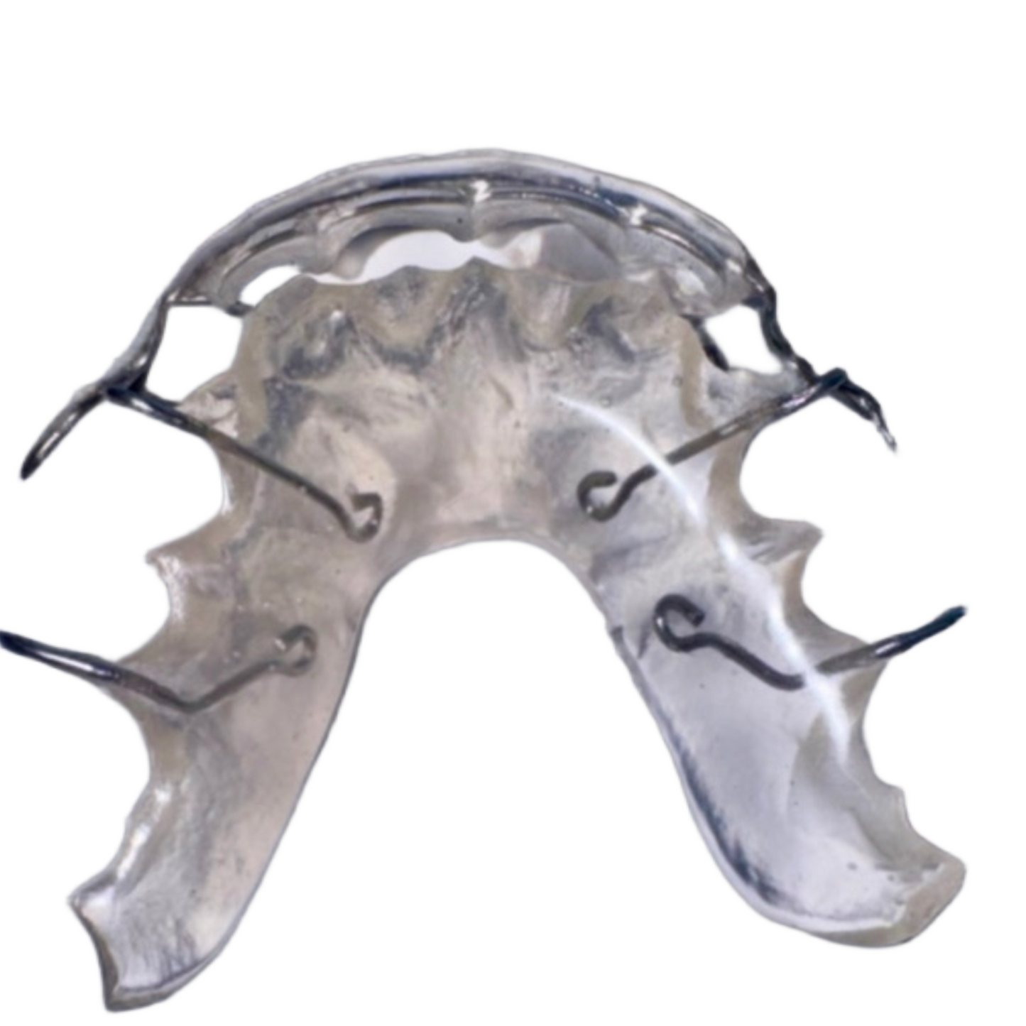 Orthodontic Hawley retainer featuring clear labial acrylic and stainless steel wire for teeth retention.