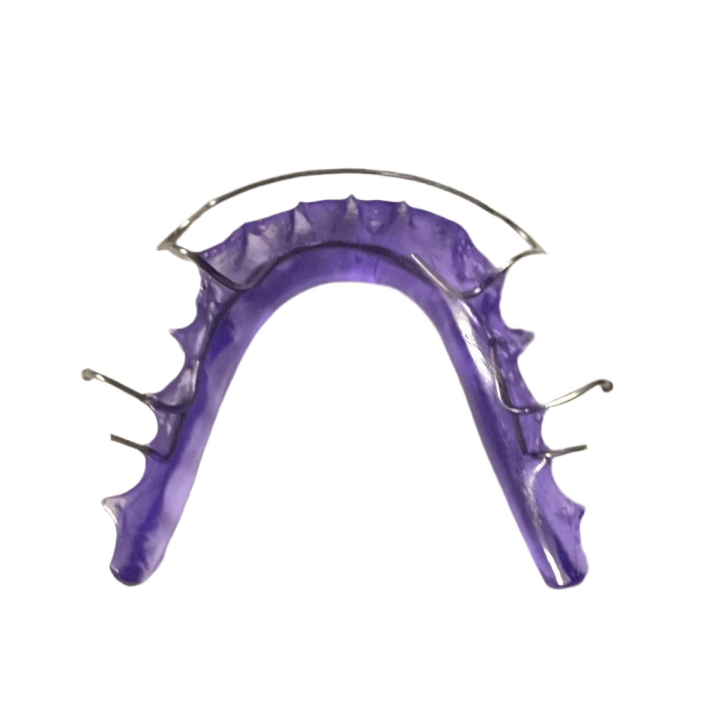 Lower shear purple Hawley retainer with sleek metal wires for orthodontic use