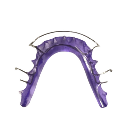 Lower shear purple Hawley retainer with sleek metal wires for orthodontic use