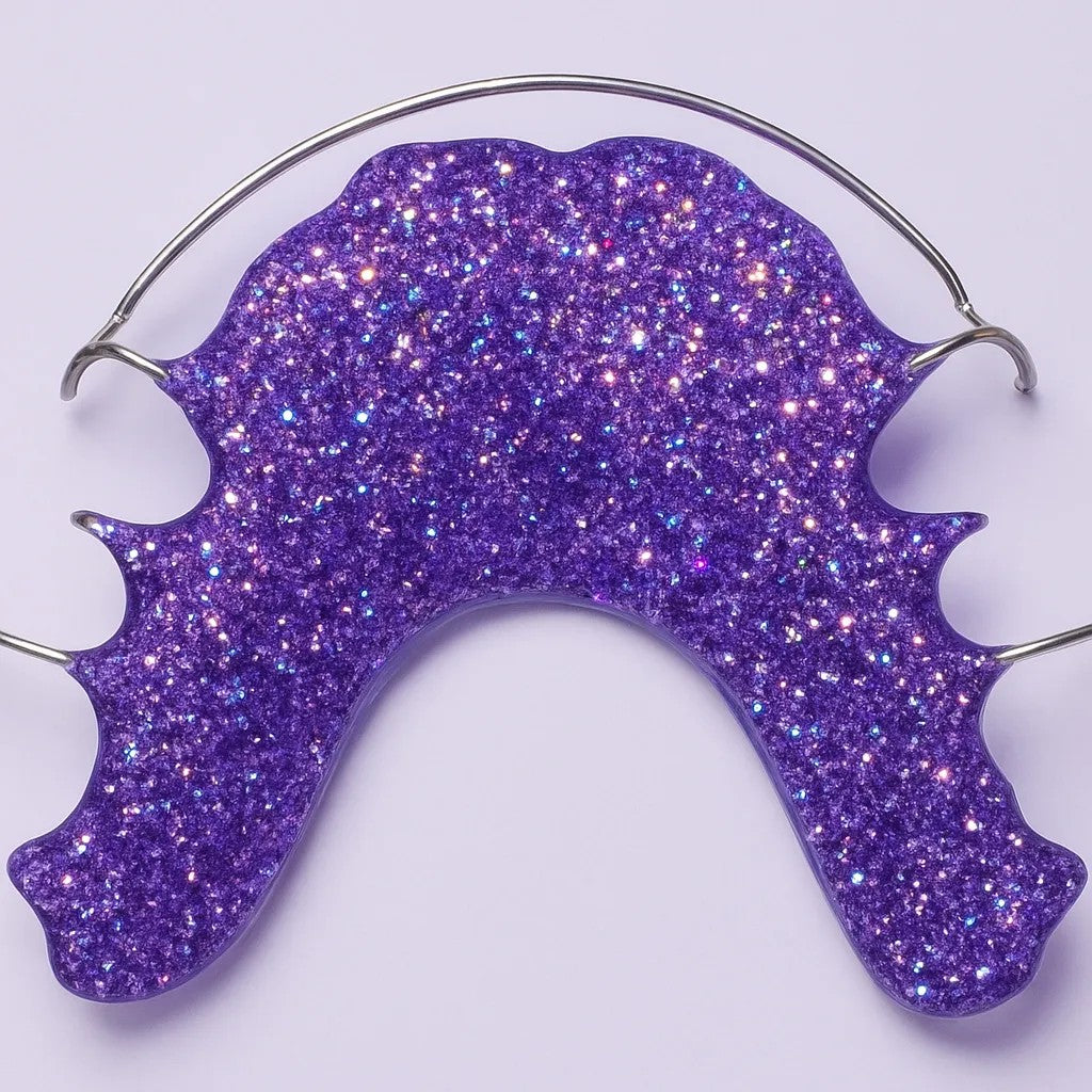 Purple glitter Hawley retainer with stainless steel wire and custom-fit acrylic base.