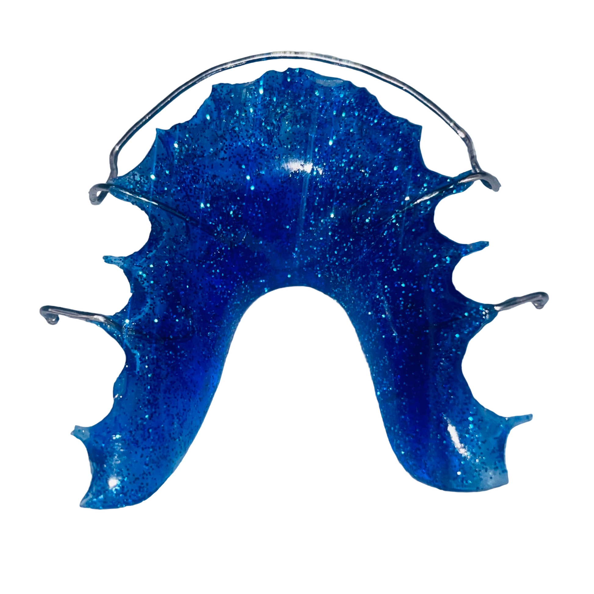 Sparkly blue glitter Hawley retainer with sleek metal wires for orthodontic use