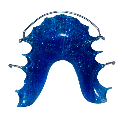 Sparkly blue glitter Hawley retainer with sleek metal wires for orthodontic use