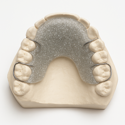 Sleek Silver retainer with Adams clasp on model. 